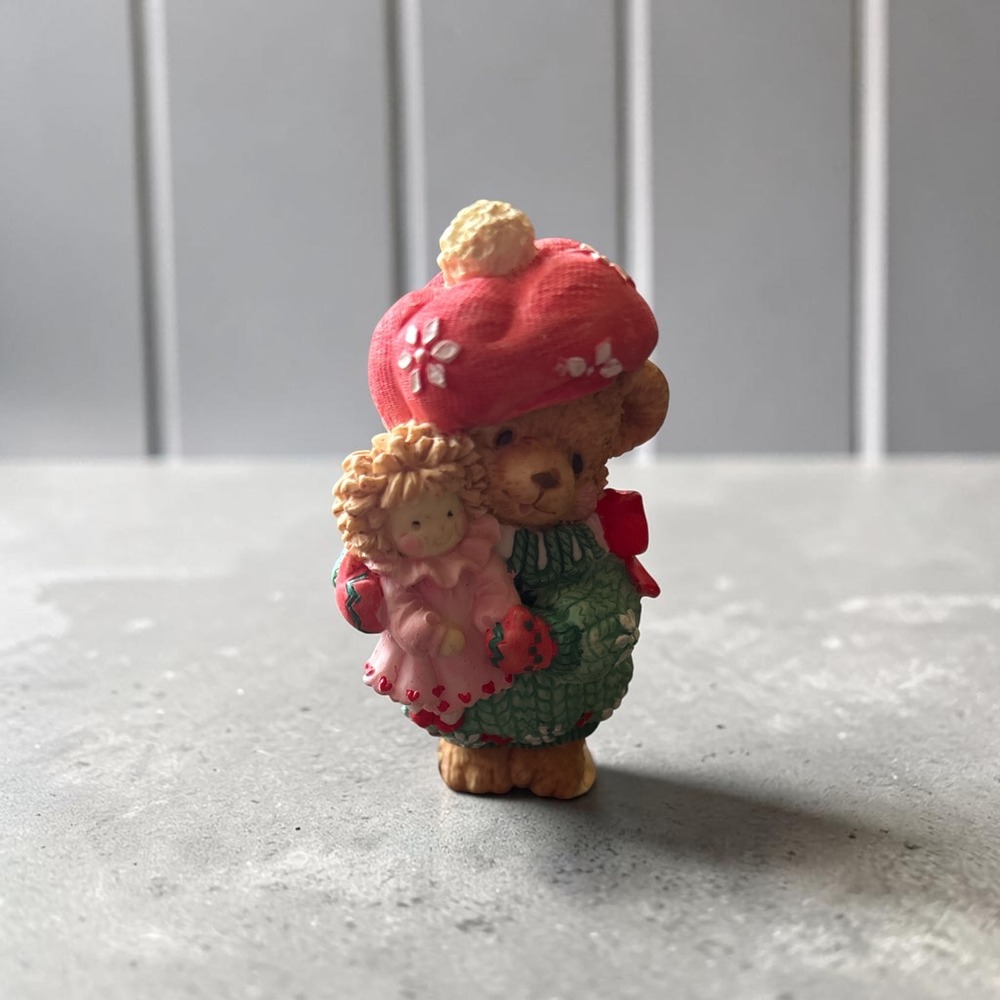 Vintage Carlton Cards Teddy Bear Figurine Green Sweater Beret Holding Doll 3.5"